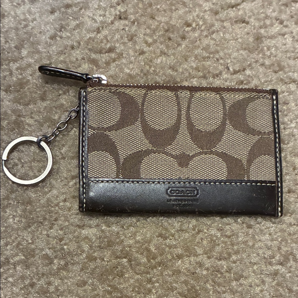 Coach Brown Signature Canvas Card Case with Key Ring